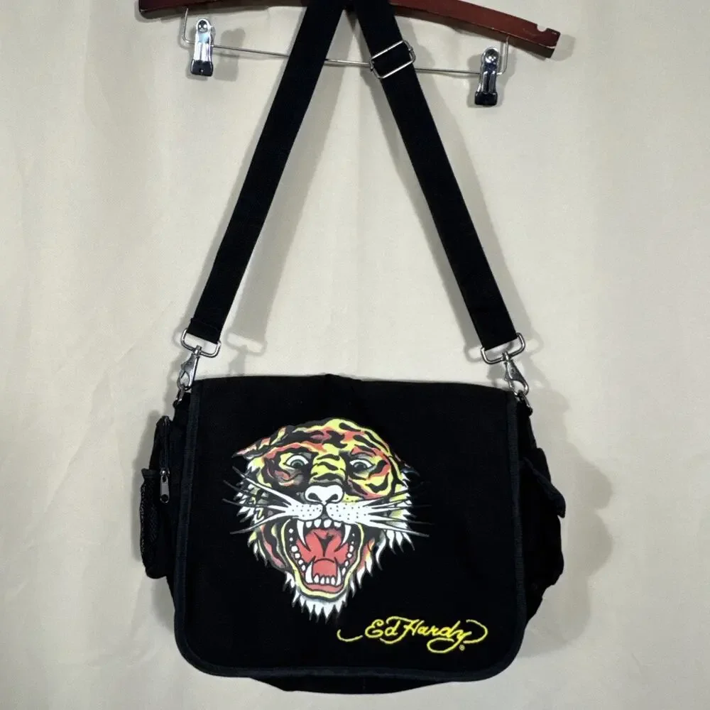 Vintage Ed Hardy Tiger Messenger Bag Y2K McBling Tattoo Graphic Black Crossbody